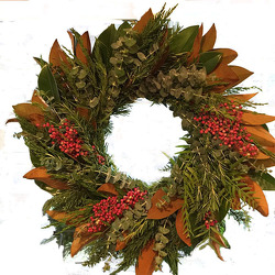 Holiday Wreath Magnolia, Pepperberry, Rosemary from Mockingbird Florist in Dallas, TX