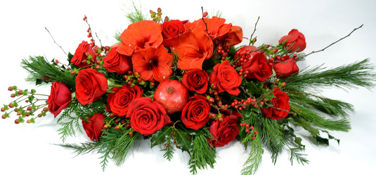 Christmas Centerpiece with Red Amarylis and Ilex Berries