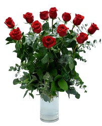 Our Premium Long Stem Red Roses  in our Hand Blown Vase from Mockingbird Florist in Dallas, TX