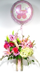 It's a Girl flower arrangement with Balloon from Mockingbird Florist in Dallas, TX
