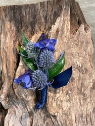 Delphinium & Thistle Boutonniere from Mockingbird Florist in Dallas, TX