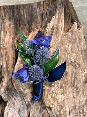 <H1> Delphinium & Thistle Boutonniere </H1>  from Mockingbird Florist in Dallas, TX