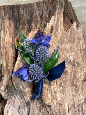 Delphinium & Thistle Boutonniere from Mockingbird Florist in Dallas, TX