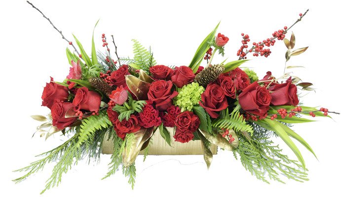 <H1> Bobby's Red Holiday Centerpiece </H1>  from Mockingbird Florist in Dallas, TX