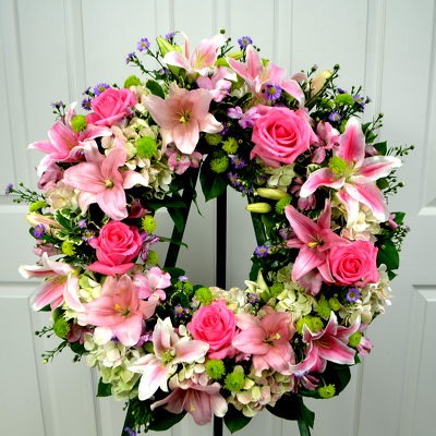 <H1> Pink Sincerity Wreath </H1>  from Mockingbird Florist in Dallas, TX